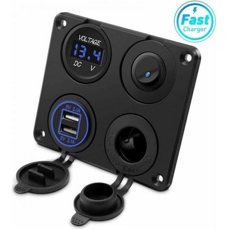 Cigarette Lighter Socket, 4.2A Dual USB Ports, 12V DC Power Socket, Switch and Voltmeter with LED Display, Waterproof Car Charger for 12V/24V Car, Motorcycle, Truck, SUV, UTV, TR YMYNY (1/4)