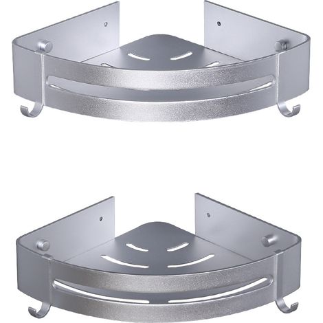 Dos estantes de ducha de esquina triangulares, estantes de almacenamiento de baño sin taladro, cestas de almacenamiento adhesivas de aluminio para montaje en pared para ducha. (1/5)