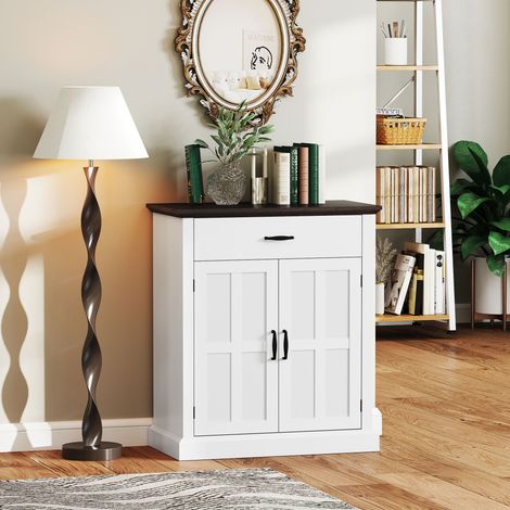 Credenza rustica da soggiorno con 2 ante, 1 cassetto e ripiano regolabile, ideale per sala da pranzo e ingresso, colore bianco, dimensioni 75,2x40x91,5 cm.