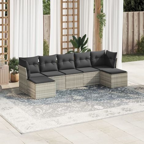 Salon de jardin modulaire 7 places en résine tressée gris clair avec rangement et coussins amovibles (1/3)