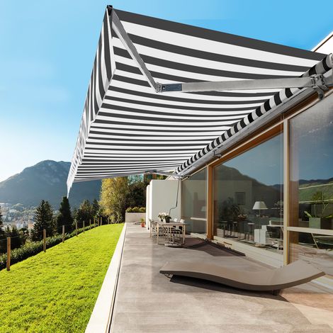 TolleTour 350x300cm Sonnenmarkise Gelenkarmmarkise Aluminium Markise Klemmarkise mit Handkurbel Balkonmarkise Sonnenschutz Grau Weiß