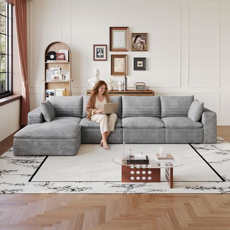 Canapé Cloud de 340 cm en velours côtelé, structure à double couche, housse amovible, livré monté – idéal pour salon, chambre, salle de conférence et appartement, coloris gris foncé. (1/5)