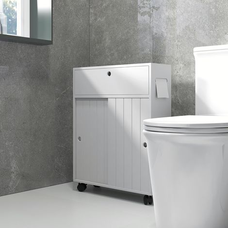 Mobile Bagno Stretto con Ruote, Ante Scorrevoli, Ripiani Regolabili e 2 Fori per Carta Igienica, Bianco