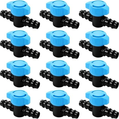 12 raccords à vanne à globe cannelés pour tuyau d'irrigation goutte à goutte de 1/2 pouce (16 mm), bleus (1/5)