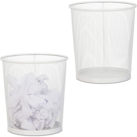 Set of 2 Relaxdays Wastebaskets, Wastepaper Bin, Office & Home, Round, Wire Mesh, Paper, Metal, H x D: 28 x 26 cm, White