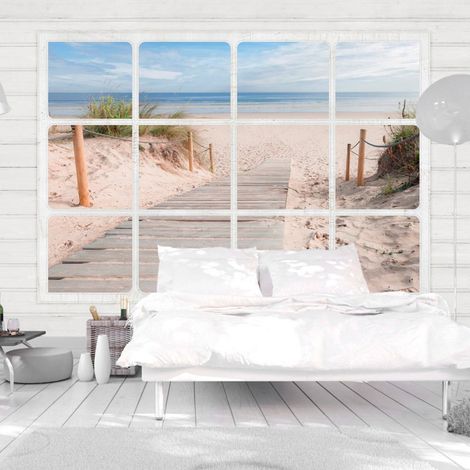 Papier peint fenêtre et plage - 300 x 210 cm