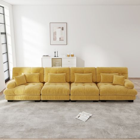 Canapé d’angle modulaire 406x77x81 cm jaune en chenille avec assise profonde (1/5)