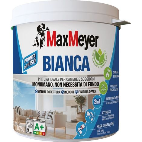 MaxMeyer Bianca, Pittura per Interni Lavabile Monomano 2in1, Bianco, 0.75L