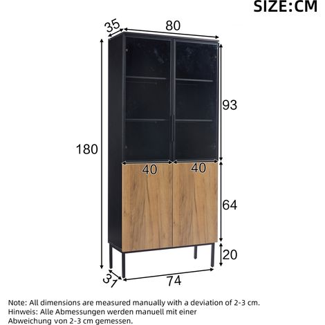Vitrine en verre, armoire 180 cm avec éclairage LED, bibliothèque 5 étages pour collection, meuble haut noir et chêne, étagère bureau (1/5)