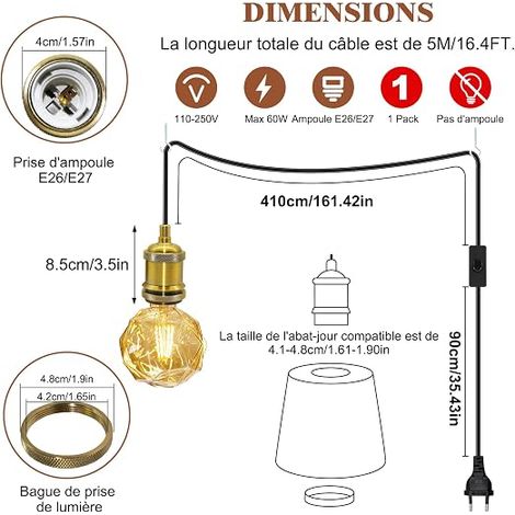 Suspension Luminaire en Laiton, 5.1M Lampe Suspendue à Câble Rond Noir, Plafonnier Industriel à Prise et Interrupteur, Support de Lampe E27 en Cuivre, Kit de Lampe pour Abat-jour (1/4)