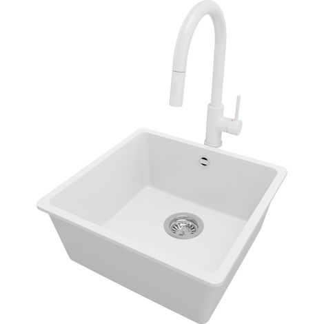 PRIMAGRAN Evier Sous Plan 46x44cm, Evier en Granit 1 bac + Robinet 40x20cm + Kit de Vidage, Évier au meuble 50cm - Venise Easy, Blanc (1/5)