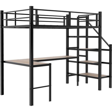 Cama alta negra de metal con escritorio en L y escalera con almacenaje 90 x 190 cm (1/5)