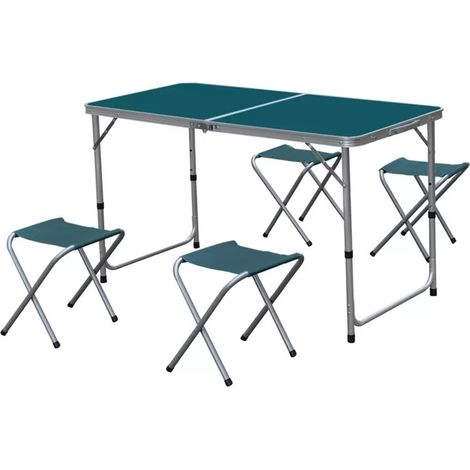 Ensemble de table de jardin pliante avec 4 tabourets en aluminium et polyester coloris bleu