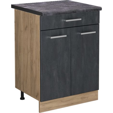 Mueble bajo de cocina R-Line, Hormigón negro, 60 cm ET Antracita, Vicco