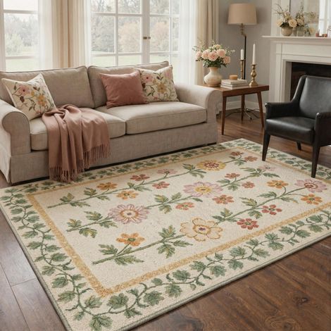 Tapis Salon Vintage 120x170cm Lavable en Machine Rug AntidéRapant Poil Ras, pour Chambre Salle a Manger Descente de Lit Bureau, Cuisine,Jardin de Campagne sur Fond Crème (1/5)