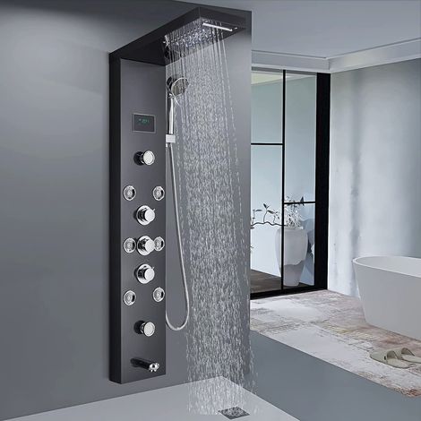 LED Shower Tower Panel Temperature Display Stainless Steel Handheld Sprayer Waterfall and Rainfall Shower Head Massage Jets Multi Function Black Bath Shower System (1/5)