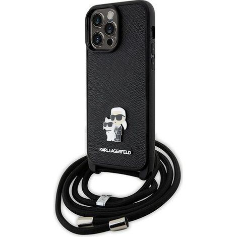 Karl Lagerfeld KLHCP14XSAKCPSK iPhone 14 Pro Max 6.7 funda rígida negra/negra bandolera Saffiano con pin metálico Karl & Choupette (1/5)