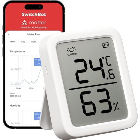 SwitchBot Thermomètre Connecté Intérieur avec Puce Suisse Capteur Température et Humidité Bluetooth Contrôle par App Hub Requis pour WiFi (1/5)