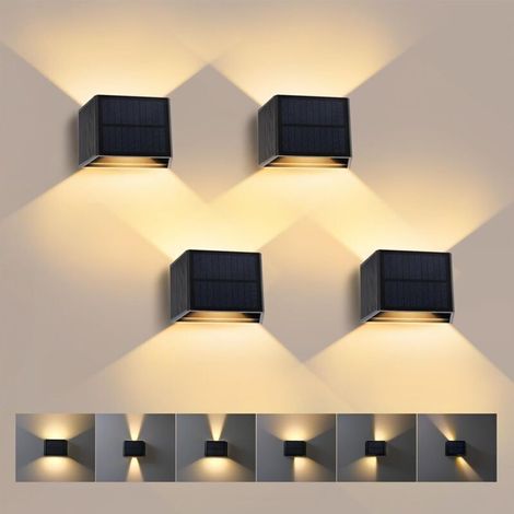Lot de 4 appliques murales solaires , lumière chaude 3000K , faisceau réglable vers le haut et vers le bas , angle de faisceau de 240° , lampes solaires étanches pour mur , jardin (1/4)