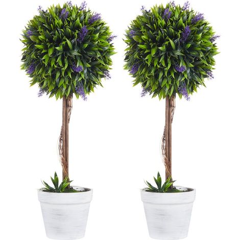 Ensemble de 2 plantes artificielles décoratives en forme de boule avec fleurs de lavande en pot, 60 cm, vertes, pour la décoration intérieure et extérieure. (1/5)