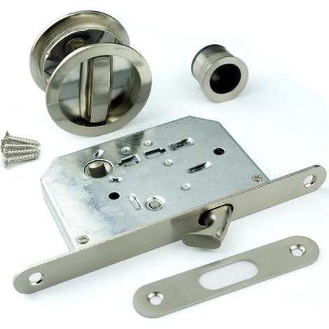 Kit de verrouillage avec rosace ronde, pêne pour porte coulissante, Ø58 mm, acier, nickel satiné