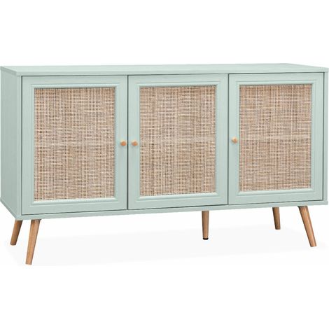 Buffet de rangement en cannage 120x39x70cm - Bohème - 2 niveaux. 3 portes. pieds scandinaves. buffet bas