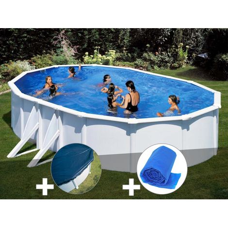 Kit piscine acier blanc Gré Bora Bora ovale 6,34 x 3,99 x 1,22 m + Bâche hiver + Bâche à bulles