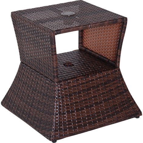 Outsunny Rattan Outdoor Coffee Table, Wicker Garden Patio Bistro Side Table with Umbrella Hole and Storage Space for Balcony, Porch, Brown (1/5)