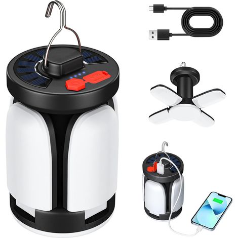 LED Solaire Lampe de Camping Rechargeable USB, 6 modes SOS étanche Portable IP67 étanche Lampe de Camping tente Lumière pour la randonnée en plein air de lecture d'urgence (1/5)
