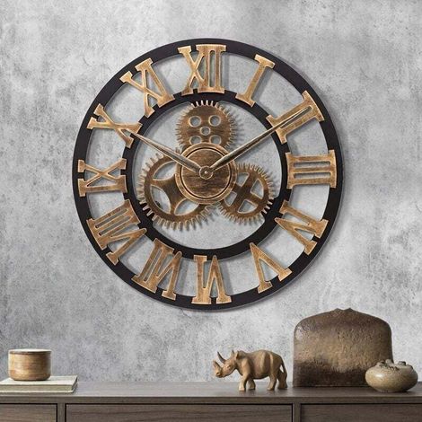 Horloge Murale Industrielle à Engrenages Dorés et Bois 58cm - Pendule à Quartz Chiffres Romains Silencieuse - pour Salon, Bar, Restaurant