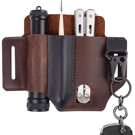Cuir Gaine, Cuir Marron Foncé Organisateur, Ceinture étui en Cuir de Vachette, 3 Poches de Rangement et un Mousquetone (1/5)