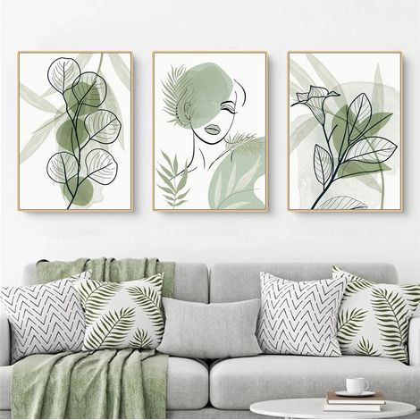 Lot de 3 posters de qualité supérieure - Motif feuilles vertes abstraites - Peinture sur toile - Impression murale - Décoration murale pour salon, chambre à coucher - Sans cadre - 30 x 40 (1/2)