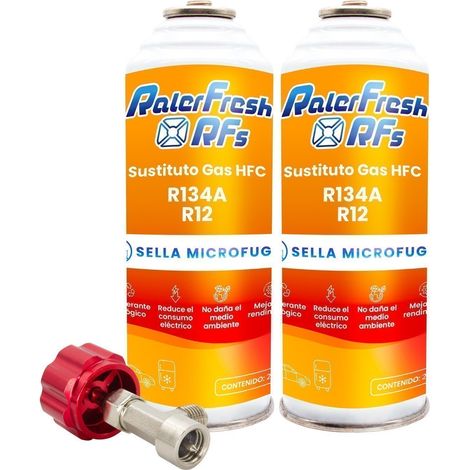 2 Botellas Gas Refrigerante Ralerfresh RFs para aire acondicionado de coche o nevera, sustituto gas R12 y R134A con Llave (1/5)