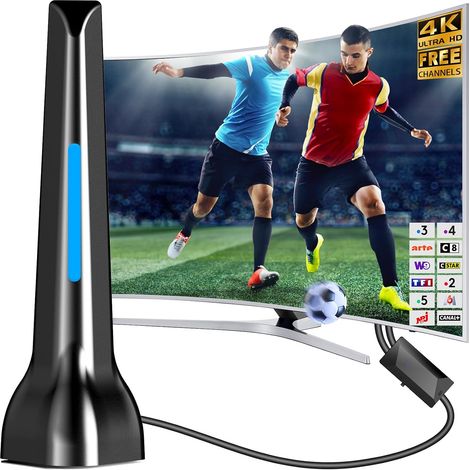 Antenne TV Intérieure Puissante, Antenne TV intérieur avec Amplificateur de Signal à Gain Élevé, Réception 360° Longue Portée, Base Magnétique, Antennes TNT 4K 1080P pour Chaînes Locales, Câble 3m (1/5)