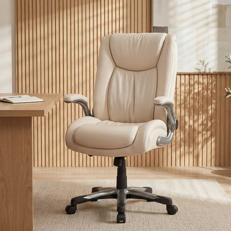 COLAMY Chaise de bureau,Chaise ergonomique bureau réglable – dossier lombaire, simili cuir, accoudoirs pliables, jusqu’à 181 kg - beige