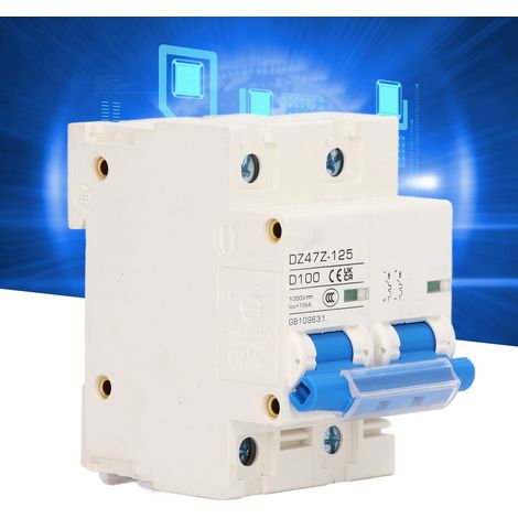Disjoncteur DZ47Z-125 D100 DC 1000V 2P DC, disjoncteur miniature 100A pour systèmes photovoltaïques solaires, disjoncteur montable sur rail DIN, interrupteur bleu basse tension. (1/5)