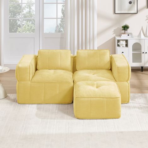 Canapé d'angle modulaire en L 2 places avec pouf, canapé nuage sans cadre en polyester, mousse haute densité 32D, assise profonde antidérapante, sans montage, 198 x 162 x 67 cm, Jaune (1/5)