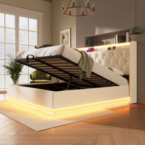 Lit coffre 140x200 LED, USB Type-C, PU blanc HAVRYA (1/5)