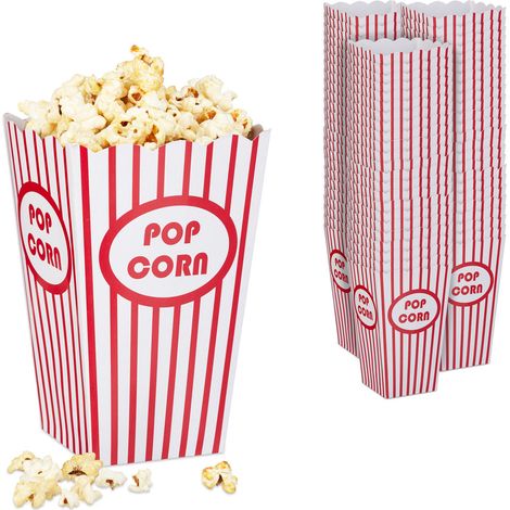 Relaxdays Sacchetti per Popcorn, Set da 72, a Righe, Feste Compleanno Tema Cinema, Box Contenitore Cartone, Rosso Bianco