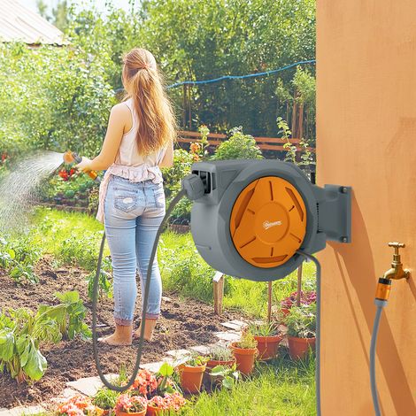 Enrouleur Tuyau Arrosage Mural 30 m x Ø 15 mm Dévidoir Automatique de Tuyaux d'Eau Rétractable Automatique orange (1/5)