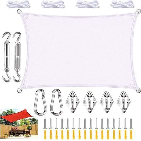 Voile d'ombrage imperméable, voile d'ombrage rectangulaire en polyester, coupe-vent et anti-UV, store de terrasse, store extérieur pour jardin, terrasse, piscine (blanc, 2 x 3 m) (1/5)
