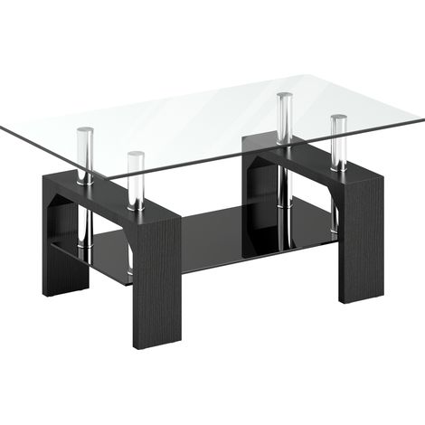 Tavolino da Caffè Moderno a 2 Livelli 90x50x42 cm con Piano in Vetro Temperato in Legno e Acciaio Nero (1/5)