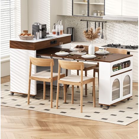 Table extensible de cocina MDF blanco y nogal 50,5-187,5x110,5x95,5 cm con ruedas y tomas integradas (1/5)