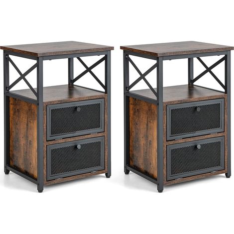 Costway – Lot de 2 tables de chevet industrielles – Cadre en métal – 2 étagères ouvertes – Dimensions 60,5 x 40 x 35 cm – Rangement avec portes en maille fer (1/5)