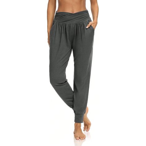 Pantalon large de yoga femme, jogging fluide, sarouel décontracté, confortable, pratique avec poches (1/4)