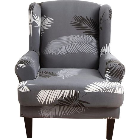 Set of 2 highly stretchable jacquard fabric chair covers with winged backrests and black feather leaf pattern (1/5)