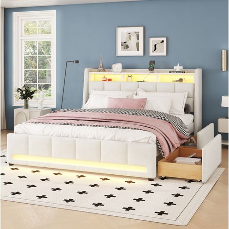 Letto imbottito moderno 140x200 cm con testiera contenitore, 2 cassetti, USB e LED APP, lino beige (1/5)
