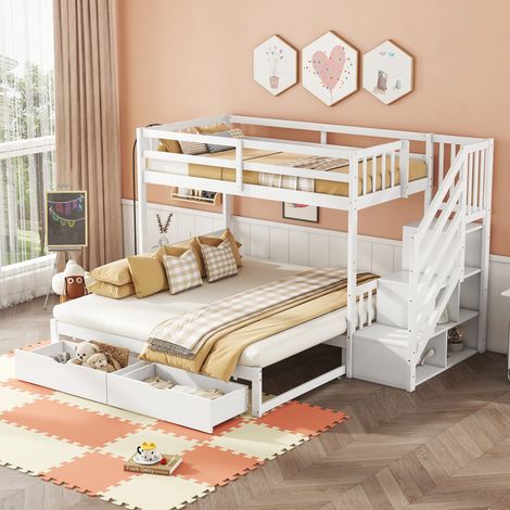 Litera 90x200 cm con 2 cajones, cama infantil con cama nido, escalera de almacenaje, sin colchón, pino, blanco (1/5)