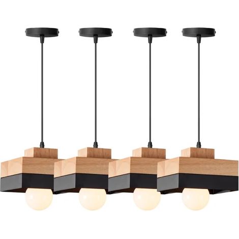 4pcs Suspension Luminaire Moderne,18cm Vintage Lustre Industriel Abat-jour en Bois E27 Lampe de Plafond Reglable,Noir (1/5)