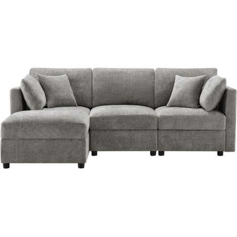L-Canapé d'angle avec pouf convertible en 3 places Tissu gris adapté aux salons bureaux et appartements